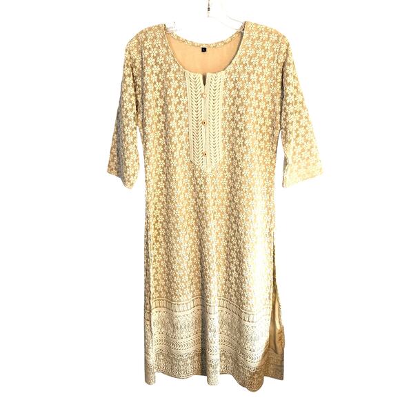 Women's Large Beige Heavily Embordered Long Slit Maxi BOHO Dress Miss Sz 12 14 L - Picture 2 of 6